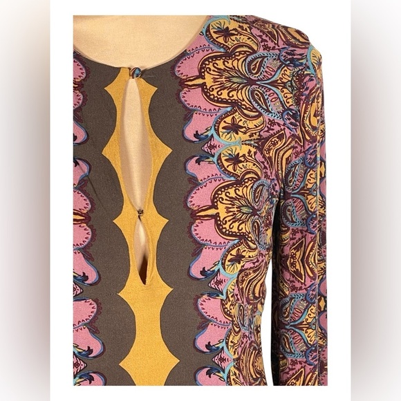 FREE PEOPLE Ossie Vibes Dress Boho Tunic Bell Sleeves Gold Brown Blue Sz 6 - Picture 7 of 13